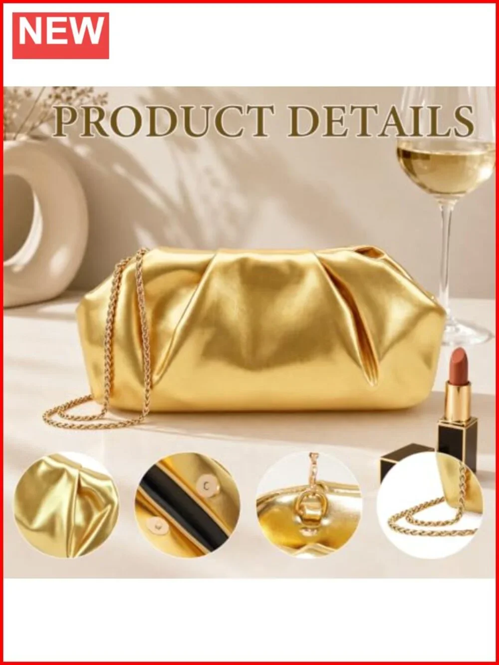 Gold Evening Clutch Purse with Detachable Chain - Faux Leather Pleated